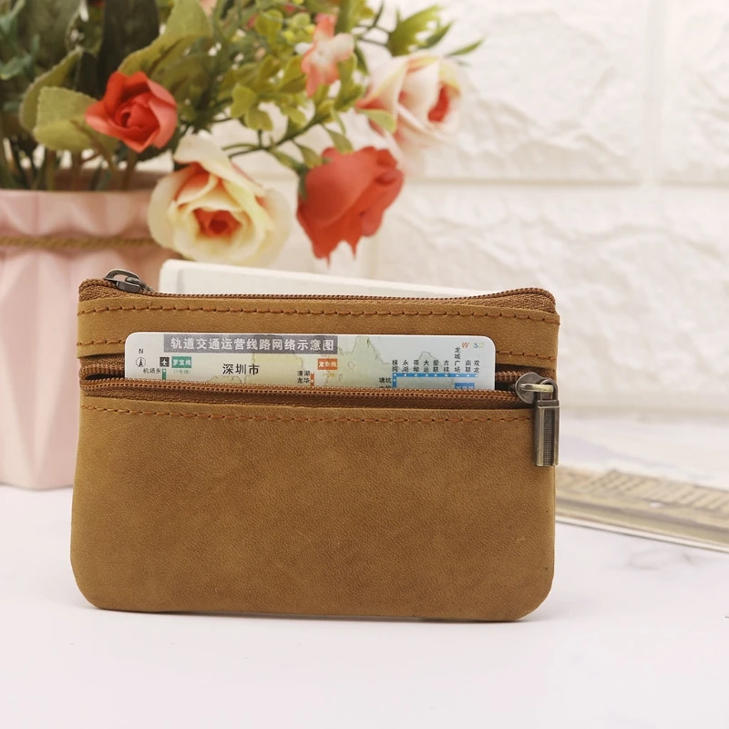 Inek derisi bozuk para cüzdanı Unisex El Tek Fermuarlı Mini Çanta Nakit Vintage deri cüzdan Klip kart tutucu Para Çantası Hediye - 2