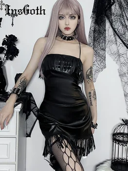InsGoth Gotik Spagetti Kayışı Seksi Backless Elbise kadın Ayarlanabilir Bandaj PU Deri Püskül Kolsuz Bodycon Mini Elbiseler