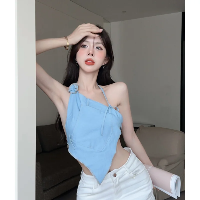 Kadın Mavi Sling Kolsuz kot yelek Çiçek Tasarım Minimalist Vintage Rahat Moda Seksi Yeni Yaz Kadın Kısa Üstleri - 0