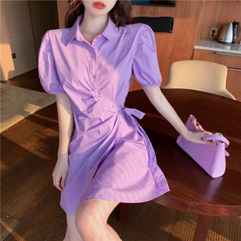 Kadın gömleği Elbise Kore Tarzı Tasarım Bel Sarılma Puf Kollu Etek İnce Dantel-up Orta Uzunlukta Kadın Gömlek Elbiseler Yaz