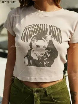 Kadın kıyafetleri Kısa Kollu Kawaii T Shirt harajuku 2022 Yaz Grunge bebek y2k giysileri Kırpma Üstleri Yuvarlak Boyun grafikli tişört