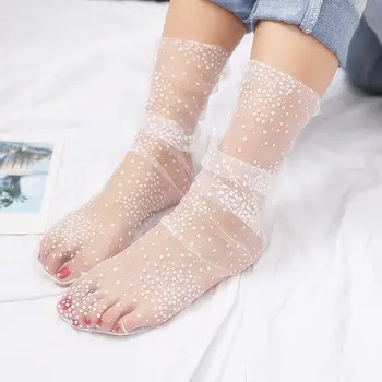 Kadın Nokta Dantel Örgü Fishnet Çorap Karışık Fiber Şeffaf Streç Esneklik Orta Tüp Çorap Yaz Kadın İnce serin çoraplar