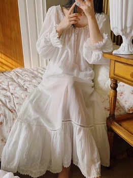 Kadın Yaz Ince Şeffaf Sabahlık Peri gece elbisesi Gecelikler Işlemeli Prenses Saf Pamuk Victoria Ruffles Pijama