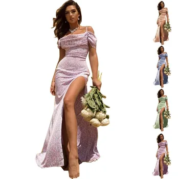 Kadın Yaz Çiçek Baskılı Bohemian Spagetti Kayışı Kapalı Omuz Yüksek Bölünmüş uzun elbise Strappy Cami Plaj Maxi Elbise