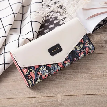 Kadın Zarf Çiçek uzun cüzdan Hit Renk Üç katlı Çiçekler Baskı Kadın Pu Deri Çile bozuk para çantaları Bayan Debriyaj Telefon Çantası
