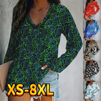 Kadın Üstleri T Shirt Tee Yapraklar Baskı Çiçek Boyama Spor Streetwear Baskı Rahat V Boyun Uzun Kollu Temel Temel XS-8XL