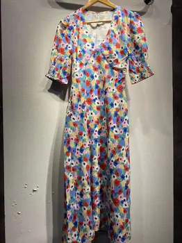 Kadınlar Çiçek Baskı Yüksek Bel V Yaka Kısa Kollu Vintage 2023 İlkbahar Yaz Maxi Elbise