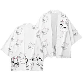 Karikatür Köpek Baskılı Beyaz Çift Erkek Kadın Hırka Yukata Kimono Streetwear Geleneksel Asya Giyim