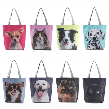 Kediler Köpek Baskı Tote Katlanabilir Yüksek Kapasiteli Seyahat Özel Desen alışveriş çantası Kadın Moda Kadın omuzdan askili çanta Hayvan Çanta