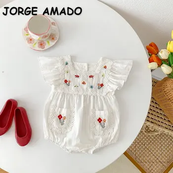 Kore Tarzı Yeni Yaz Bebek Kız Bodysuit Kare Yaka Parlama Kollu Beyaz Nakış Tulum Yenidoğan Giysileri E03165