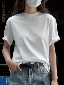 LANMREM Kore tişört Kadınlar İçin Rahat Yuvarlak Boyun Kısa Kollu Katı İnce Üstleri Retro Kadın Giyim 2023 Bahar Yeni 2YA1217