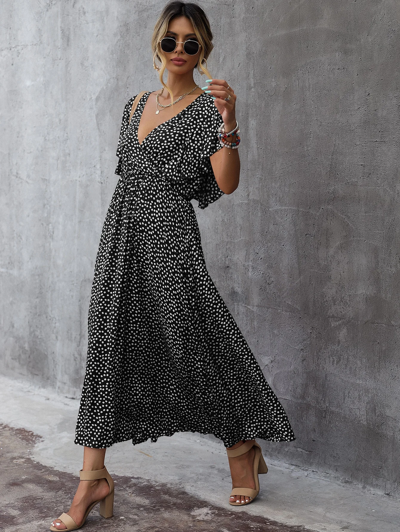 LiTi Baskı Kadın yaz elbisesi 2022 Yeni Moda Çiçek V Yaka Elbise - 2