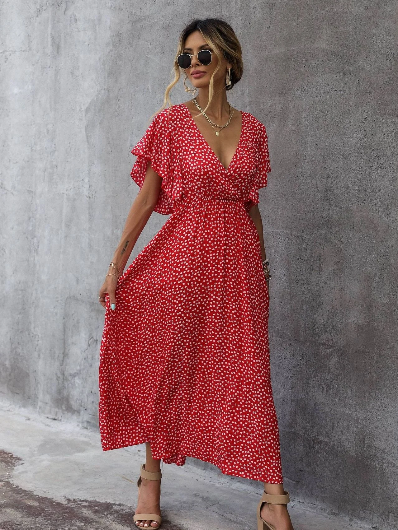 LiTi Baskı Kadın yaz elbisesi 2022 Yeni Moda Çiçek V Yaka Elbise - 3