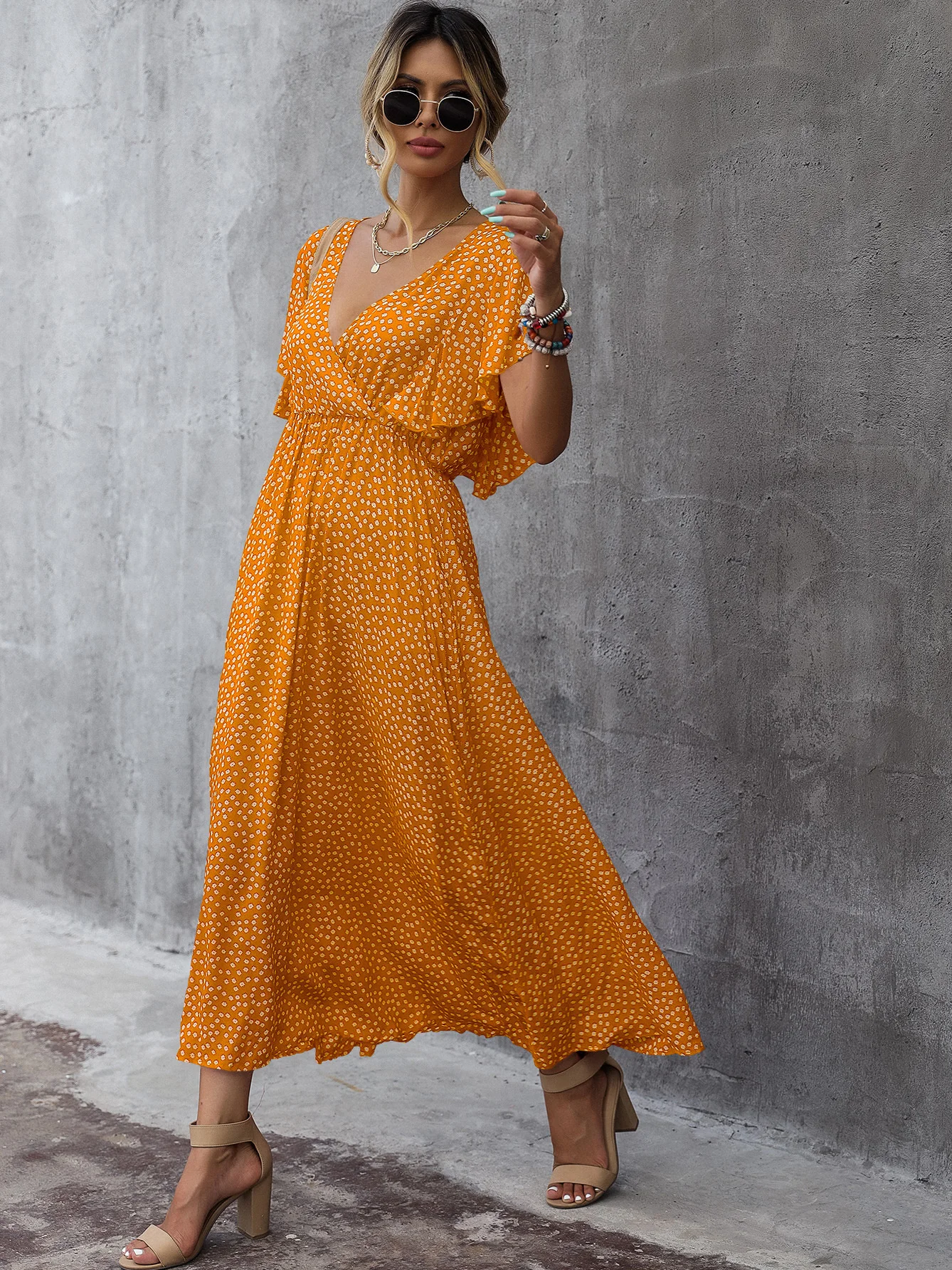 LiTi Baskı Kadın yaz elbisesi 2022 Yeni Moda Çiçek V Yaka Elbise - 5