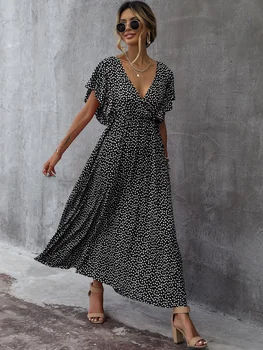 LiTi Baskı Kadın yaz elbisesi 2022 Yeni Moda Çiçek V Yaka Elbise