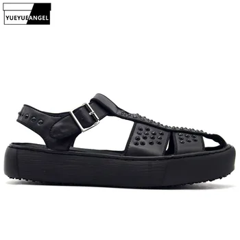 Lüks El Yapımı Erkek Perçinler Kalın platform ayakkabılar Ayak Bileği Toka Hakiki Deri Klasik Siyah Beyaz Erkek Rahat plaj sandaletleri