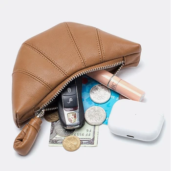 Lüks Hakiki Deri Kadın bozuk para cüzdanı Fantezi Kruvasan Moda Bayan Küçük Zip Hobo Cüzdan Marka Retro Mini Makyaj kılıf çanta