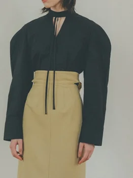 Lüks Şık Puf Uzun Kollu Blusas Japonya Tarzı Vintage Standı Yaka İpli Yay Gömlek Tops Yüksek Kalite Bluz Kadınlar