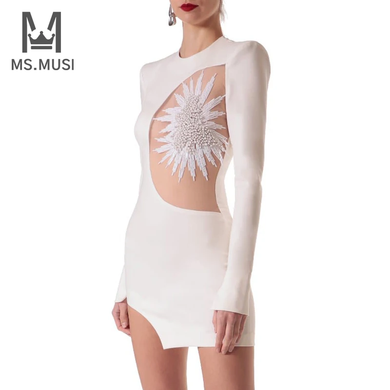 MSMUSI 2023 Yeni Moda Kadınlar Seksi Boncuk Sequins Dantel Örgü Uzun Kollu Hollow Out Bandaj Parti Kulübü Bodycon Olay Mini Elbise - 1