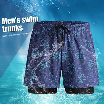 Mayo Şort Çift katmanlı Erkekler Koşu Spor Kısa pantolon Hızlı Kuru Streç Bel Lace Up Rahat Astar Beachwear