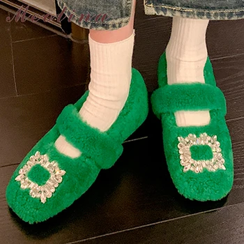 Meotina Kadın Kürk Yün Yuvarlak Ayak Düz Bayanlar Moda Kristal Rahat Ayakkabılar Kış Sonbahar Bej Yeşil Siyah Ayakkabı 40