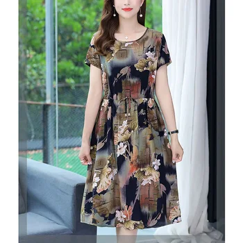 Moda O-boyun Baskılı Gevşek Kat Kore Çiçek Elbise kadın Giyim 2023 Yaz Yeni Büyük Boy Kısa Kollu Günlük Elbiseler