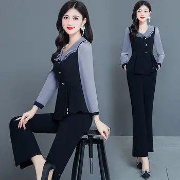 Moda Pantolon Setleri Kadınlar İçin 2023 Bahar Yeni Ofis Bayan Ruffled Yaka Patchwork 2 Parça Pantolon Takım Elbise Kadın Kostüm Kıyafetler