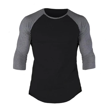Muscleguys Spor T shirt Erkek Düz Renk Patchwork T Shirt Erkek Moda O-Boyun Yedi çeyrek Kollu Gömlek Slim Fit Tee Gömlek