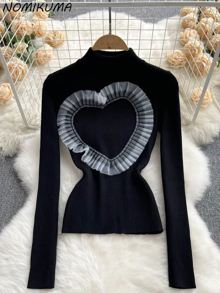 Nomıkuma Uzun Kollu Sonbahar Yeni Kadın Tshirt Şık Fırfır Aşk Kalp Patchwork Grafik T Shirt Moda Yarım Yüksek Yaka Tee Tops - 0