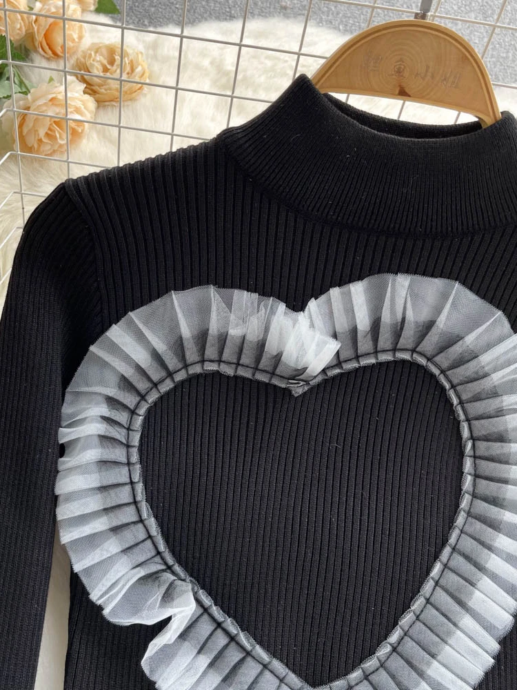 Nomıkuma Uzun Kollu Sonbahar Yeni Kadın Tshirt Şık Fırfır Aşk Kalp Patchwork Grafik T Shirt Moda Yarım Yüksek Yaka Tee Tops - 1