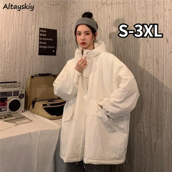 Parkas Kadın S-3XL Sıcak Estetik Kapşonlu Şık Ulzzang Streetwear Katı Cepler Ins Kış Mujer Palto Rahat Gevşek Tasarım