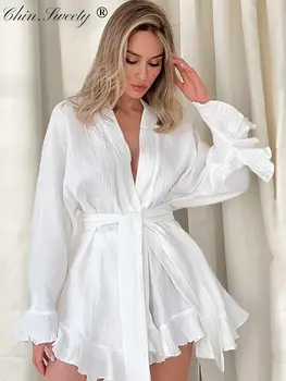 Rahat Fırfır Etek Kadın Elbise 2 Takım Beyaz Parlama Kollu Gevşek Lace Up Kadın Pijama Takım Elbise 2023 İlkbahar Yaz Bayanlar şort takımı