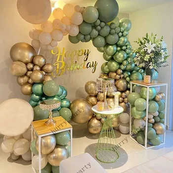 Retro Yeşil Lateks Balon Garland Kemer Kiti Düğün Doğum Günü Partisi Dekorasyon İçin Altın Kum Beyaz Balonlar Bebek Duş Arka Planında