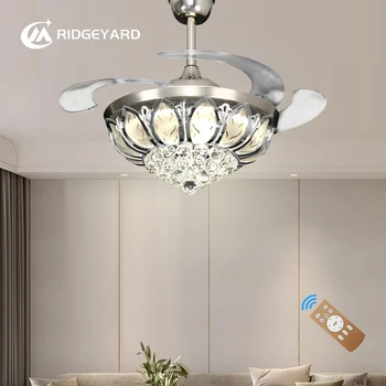 Ridgeyard avize lamba tavan vantilatörü 4 Bıçaklı Geri Çekilebilir Kristal led ışık Uzaktan Renk Değiştirilebilir Oturma Odası Yatak Odası İçin