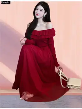 Romantik Fransız Tasarım Uzun Max Sweateer Elbiseler Kırmızı Örgü Seksi Moda Kadınlar Vintage Retro Örme Bir Çizgi Kadınsı Vestidos