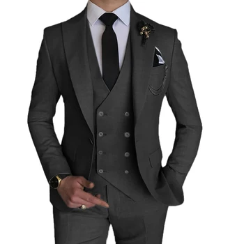 Ropa De Hombres 2023 Moda İş Koyu Gri Tepe Yaka Kostüm Homme Düğün Erkek Takım Elbise 3 Adet (Ceket + Pantolon + Yelek )