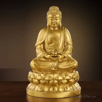 Saf bakır üç yüzlü Buda Tathagata Buda süsler oturan lotus sunak Buda Sakyamuni ev sunan Buda heykeli