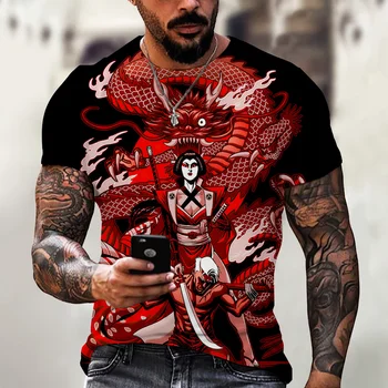 Samurai T-Shirt Yaz Rahat Spor Gömlek Japon korku Harajuku 3D Baskı Tees Tops Gömlek erkek giyim O-boyun Kısa Kollu