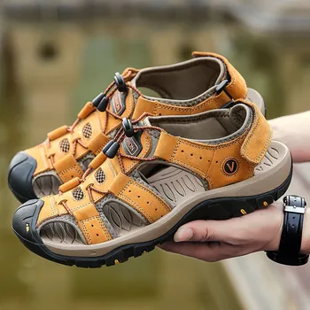 Sandalet erkekler 2023 yeni gelgit açık spor deri baotou rahat ayakkabılar terlik yaz büyük boy erkek plaj ayakkabısı