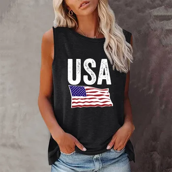 Seeyoushy Amerikan Bayrağı Yeni Moda Retro Trend Kolsuz kadın T-shirt Harajuku Kolsuz O-Boyun T-shirt Ropa De Mujer Tops