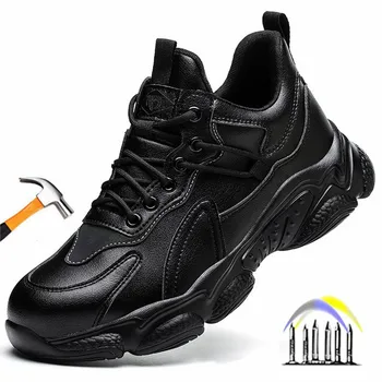siyah su geçirmez iş ayakkabısı çelik burunlu anti delinme koruyucu ayakkabı deri güvenlik ayakkabıları anti kayma iş sneakers erkekler için
