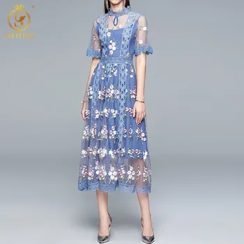 SMTHMA 2022 Yeni Varış Pist Tasarımcısı Lüks Parti Elbiseler kadın Mavi Nakış Çiçekler Midi uzun elbise Vestidos