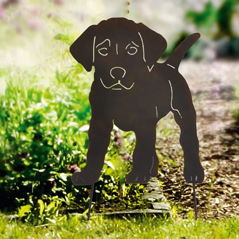 Sıcak Sanat Siluet Yavru Köpek Hayvan Ekleme Şekli Ferforje Bahçe Kazık Çim Açık Yard Dekor - 0