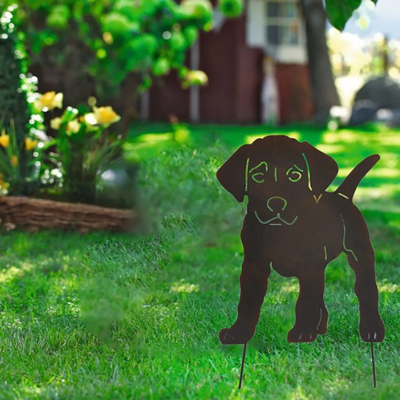 Sıcak Sanat Siluet Yavru Köpek Hayvan Ekleme Şekli Ferforje Bahçe Kazık Çim Açık Yard Dekor - 2