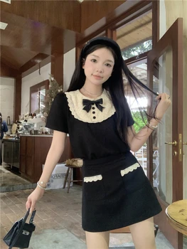 Tatlı Kore Tarzı Etek Takım Elbise Kadınlar İçin Şık Kısa Kollu Üst + Siyah A-line Mini Etek Yaz 2 Parça Set Elbise Ofis Bayan