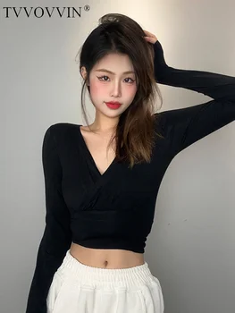 Tatlı Tees Moda TVVOVVIN Kore İnce Seksi Vücut V Boyun Kadınsı kısa uzun kollu tişört Üst Kadın 4HQV