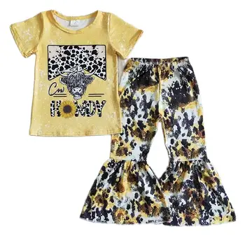 Toddler Sarı Batı İnek Kıyafet Bebek Kız Kısa Kollu Ayçiçeği Üst Çiçek Çan Pantolon Toptan Çocuk Sonbahar Çocuk Giysileri