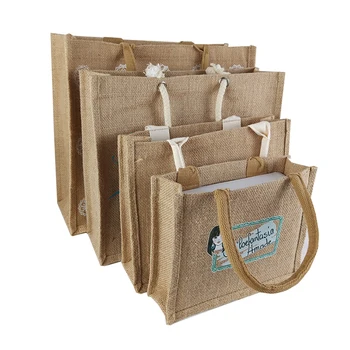 Toptan 100 adet / grup Kullanımlık Jüt alışveriş çantası Kolları ile özel logo Baskılı Doğal Mutfak Keten Çantalar