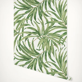 Tropikal Bali Yaprakları Duvar Kağıdı, Yeşil ve Beyaz Botanik duvar kağıdı