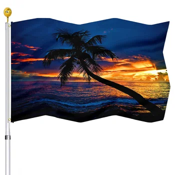 Tropikal Günbatımı Plaj Bayrakları Eğimli Palmiye Ağacı Okyanus Dalgaları Gökyüzü Bulutlar Siluet Bayrakları Pirinç Grommets ile Tatil Parti Dekor